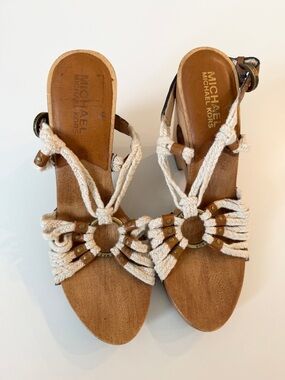 Michael Kors Cream Rope Ring-Detail Wooden Wedge Sandals Sz 5.5 Boho Crochet